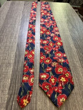 Liberty of London Navy Tie with Red and Yellow Floral Pattern